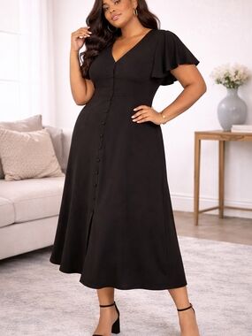 Nina Leonard Black Midi Dress 1X Flutter Sleeve Button Front